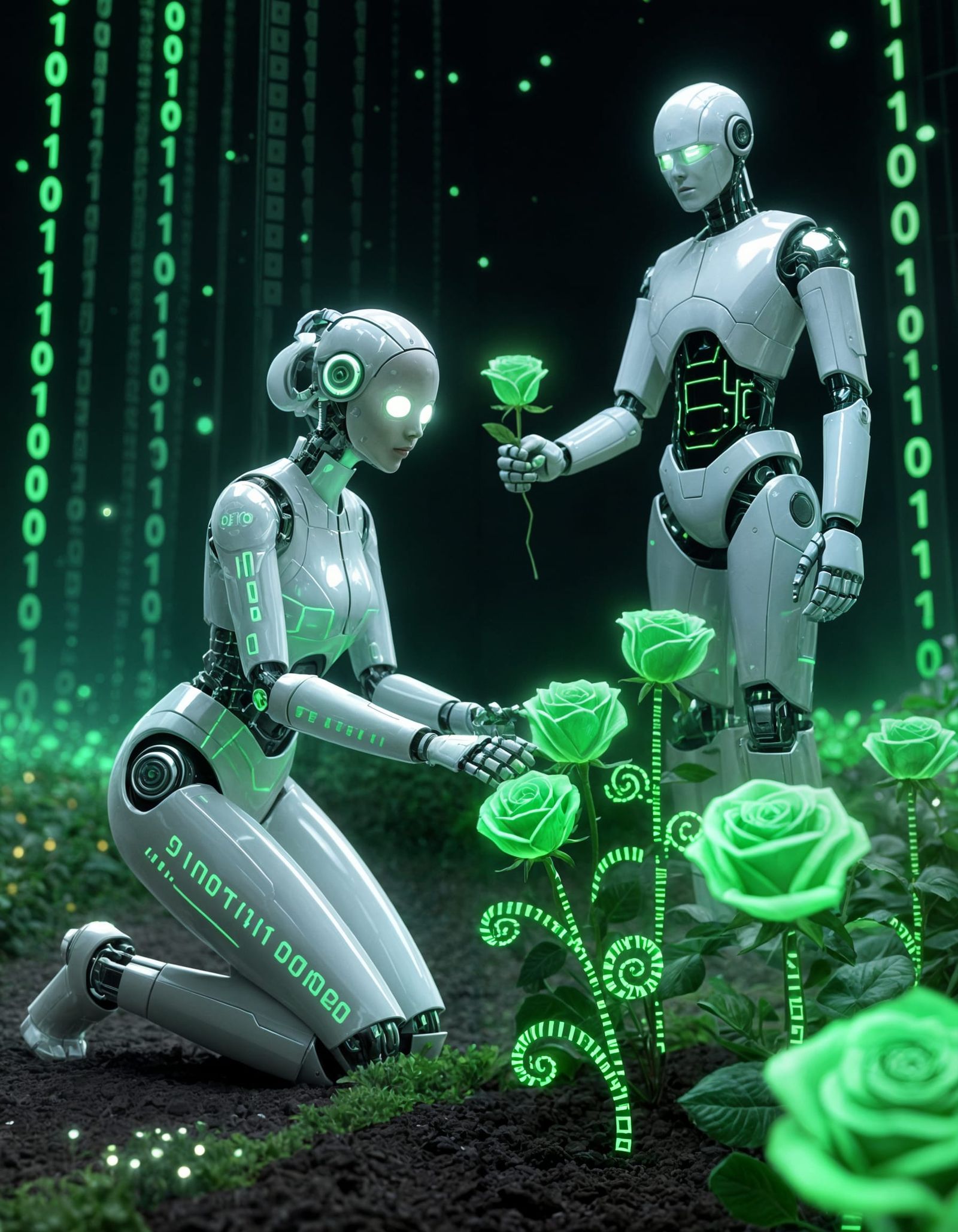 Robots Tend Binary Code Roses in Digital Garden