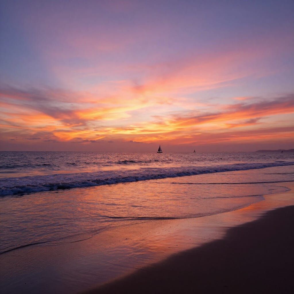 Realistic Beach Sunset with Sailboats