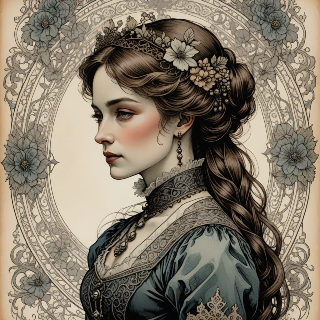 Victorian Lady Illustration in Arthur Rackham Style