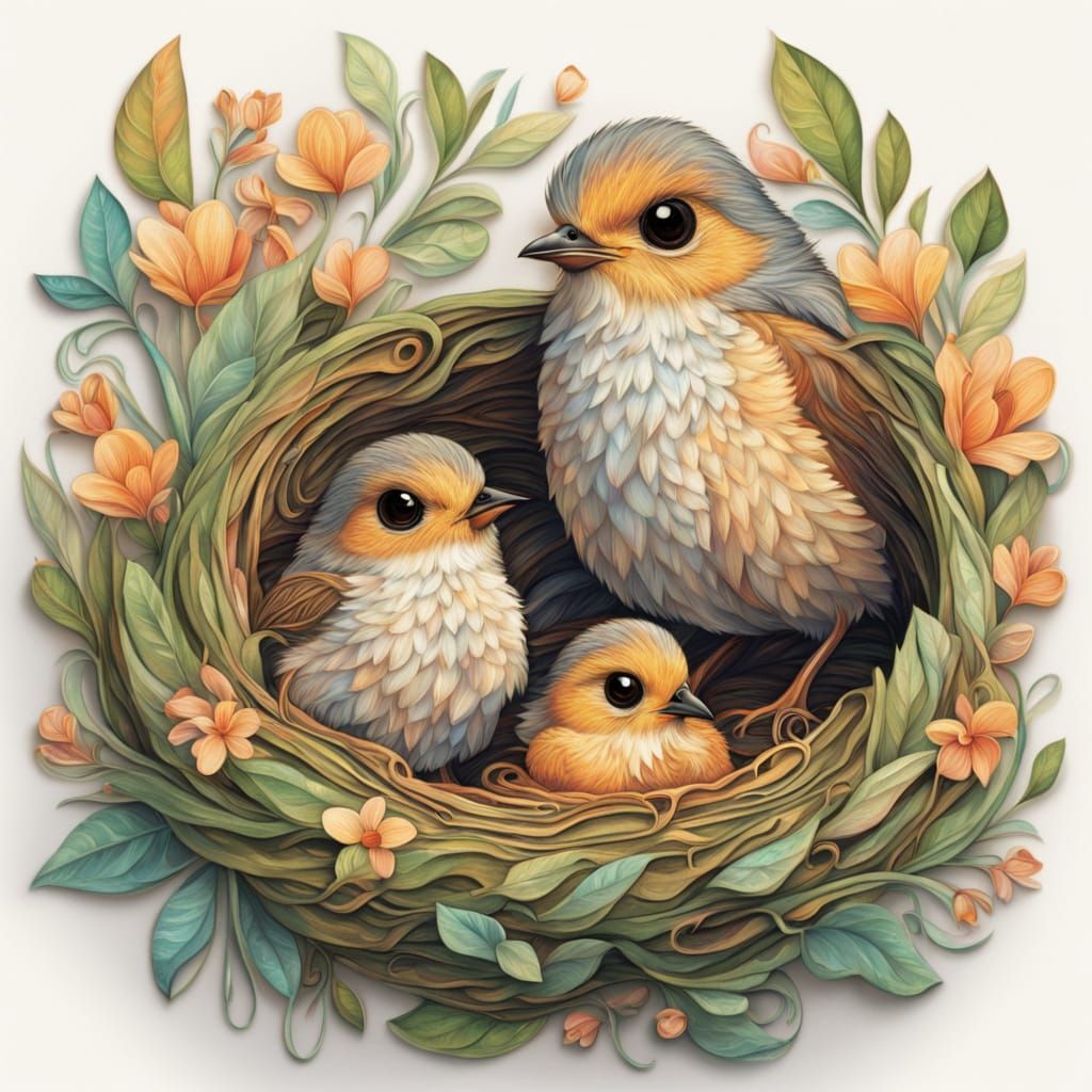 Mother Robin and Brood: Cute Gouache Portrait