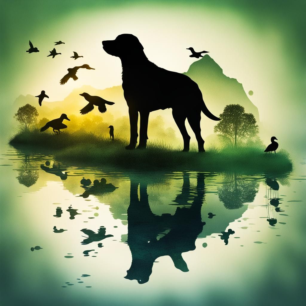 Labrador Silhouette with Pond in Alcohol Ink Style