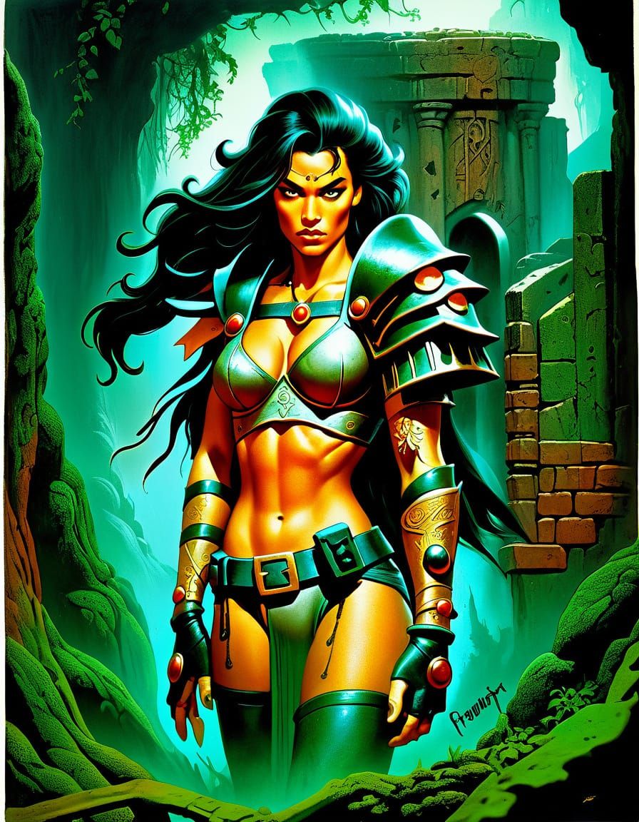 Sword-Wielding Warrior Queen in Frazetta-Inspired Fantasy Ar...