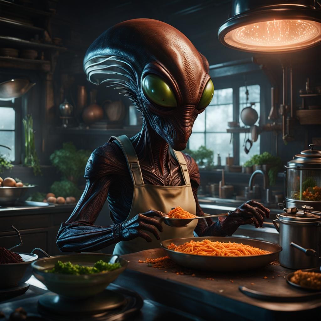 Alien Chef Cooking in Sci-Fi Kitchen
