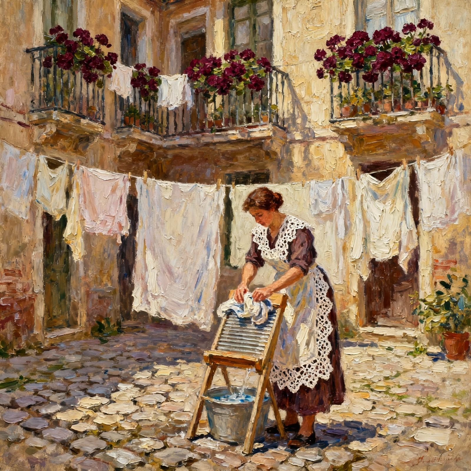 Laundress Washing Clothes on Washboard in Courtyard, Impasto...