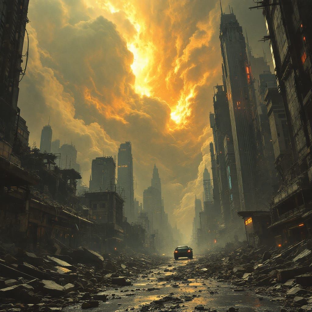 Dystopian Metropolis Ravaged by Alien Tempest