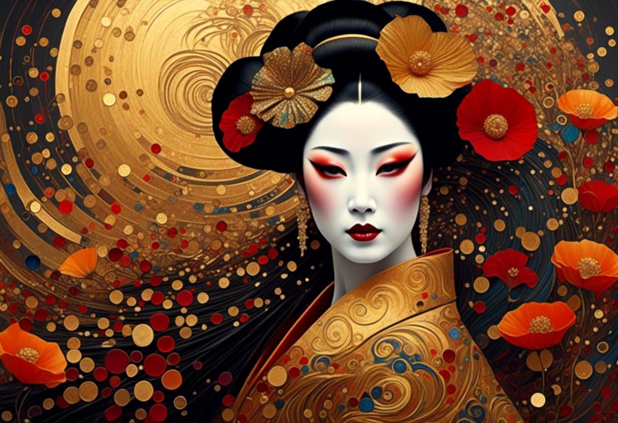 Golden Geisha in Klimt-Inspired Symbolist Style