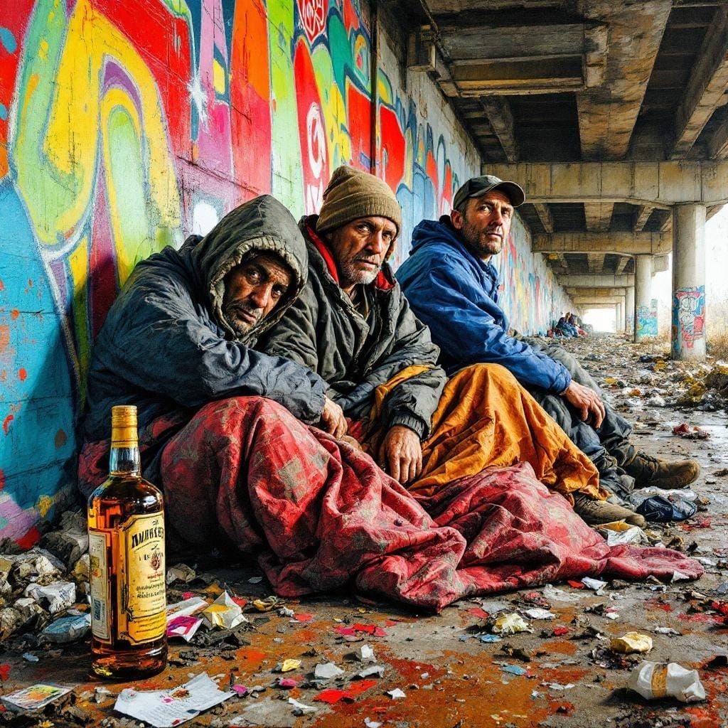 Homeless Shelter Under Bridge in Gouache Watercolor Style