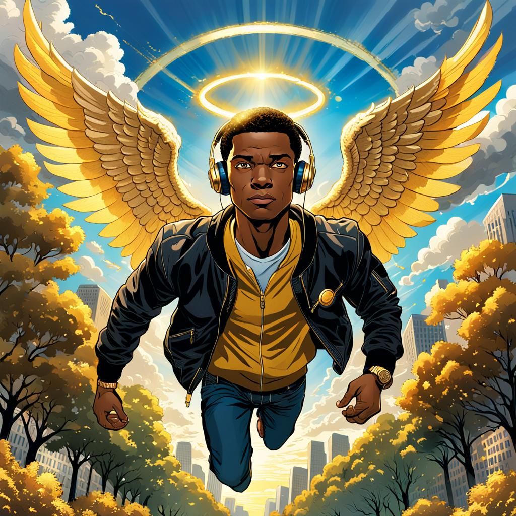 African American Angel Soaring in Comic Book Art Style