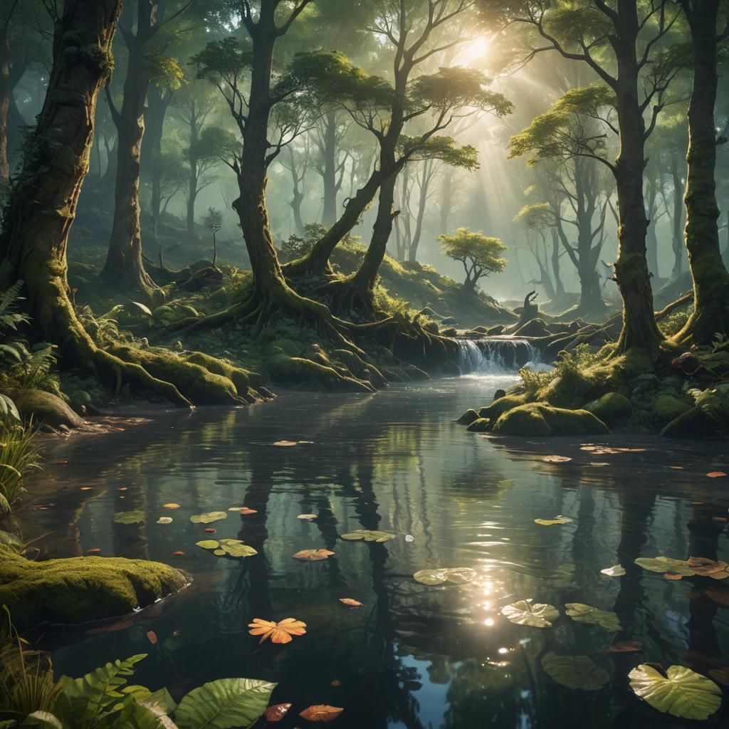 Mystical Forest Stage Drinks Water: Fantasy Art