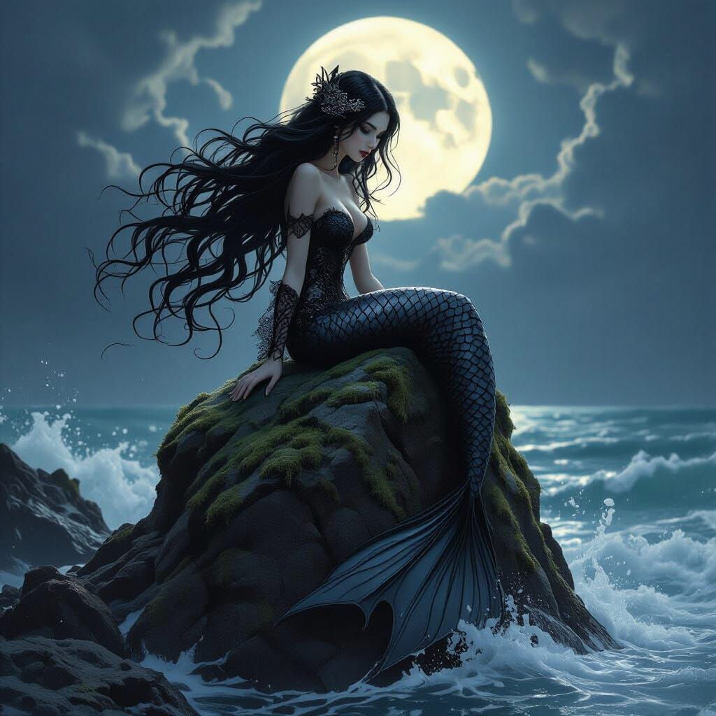 Gothic Mermaid Awaiting Her Love in Moonlit Ocean