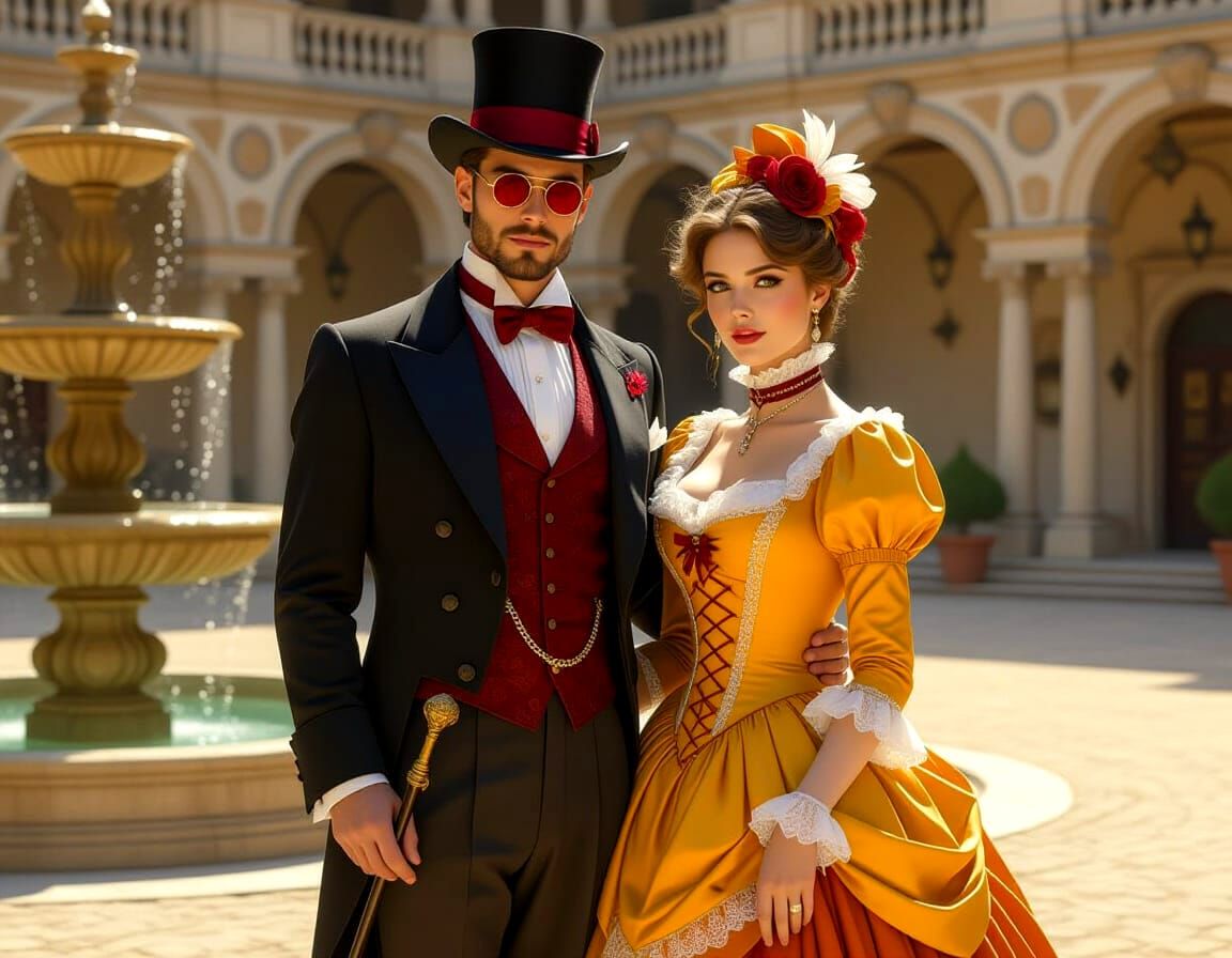 Elegant Victorian Couple in Opulent Courtyard Photograph