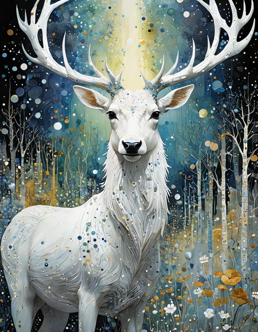 Stellar White Elk in Art Nouveau Style