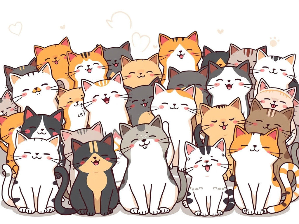 Many Multicolored Cats in Anime Style