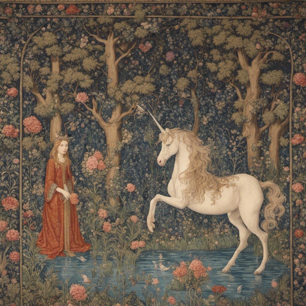 Medieval Tapestry of Unicorn in Lilac Wood