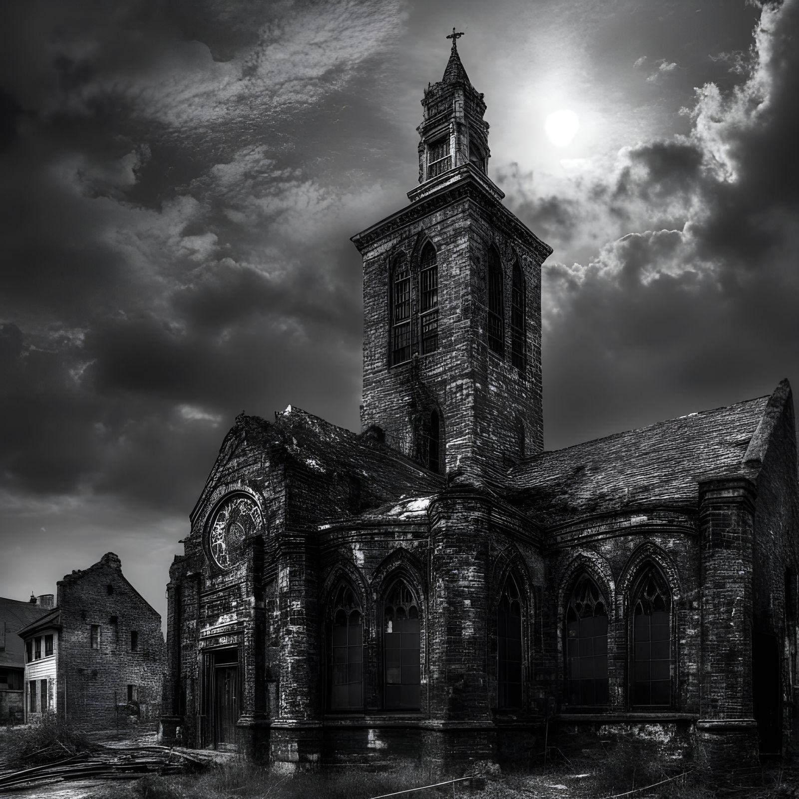 Church Bell Tower Under Eclipse in Detailed Matte Painting