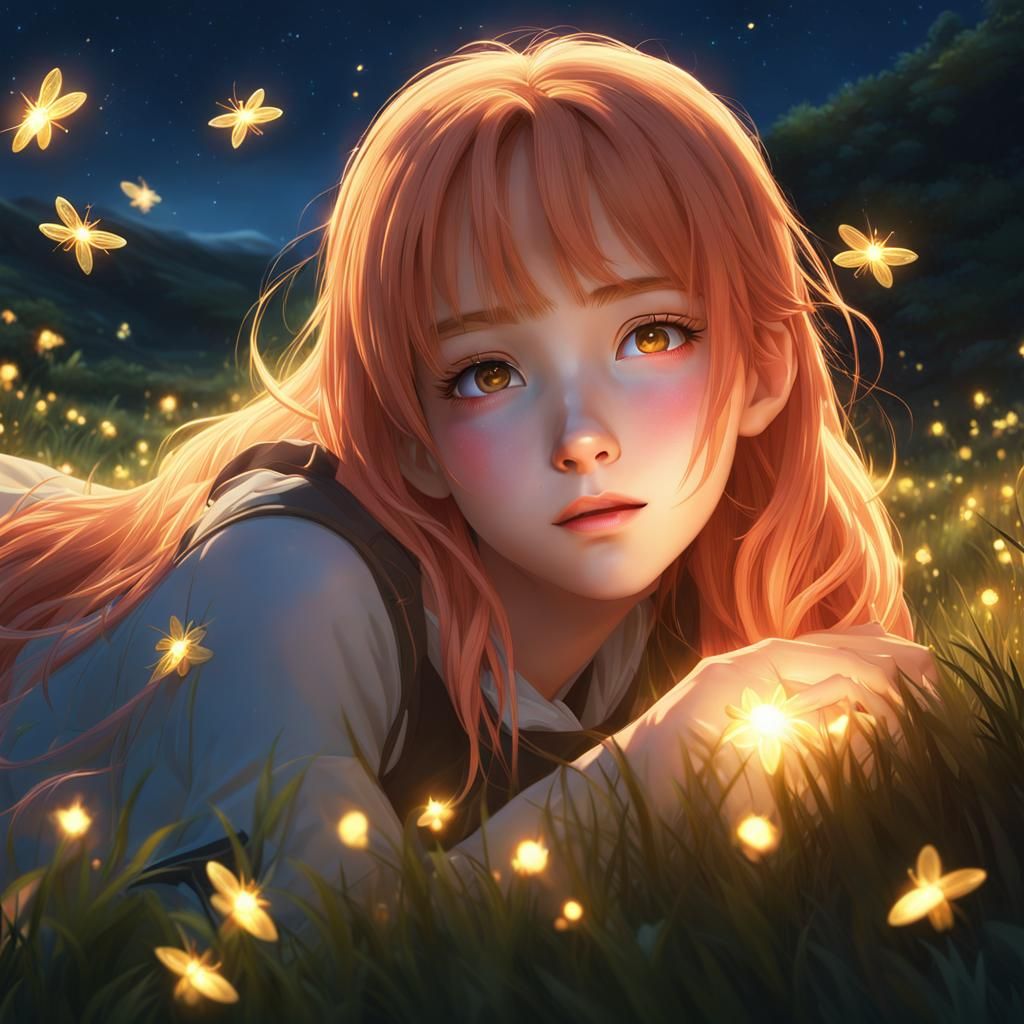 Strawberry Blonde Girl with Fireflies: Anime Art
