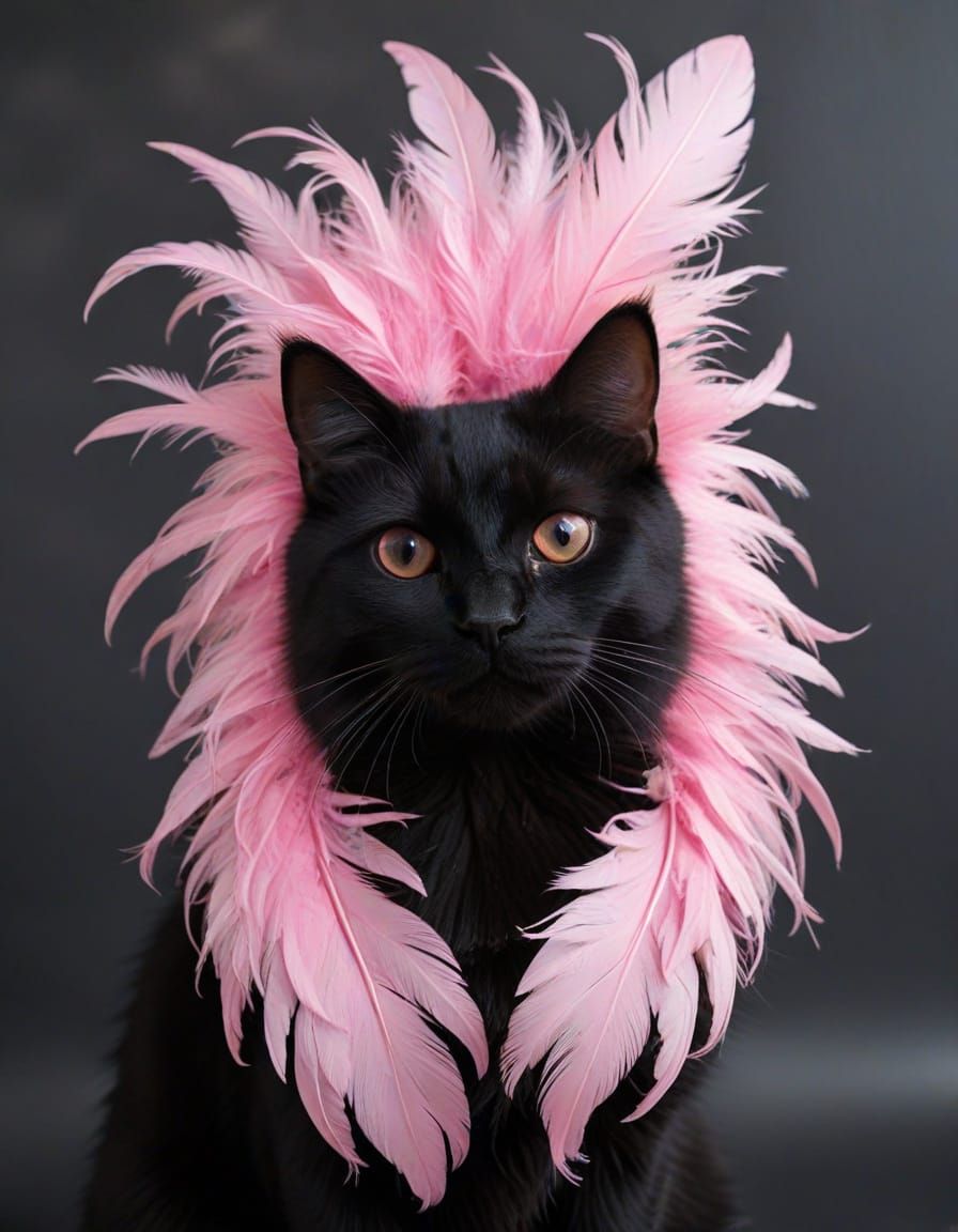 Black Cat with Pink Feathers