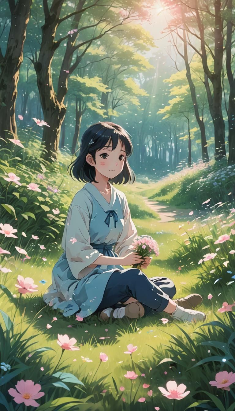 Anime Girl in Forest with Flowers
