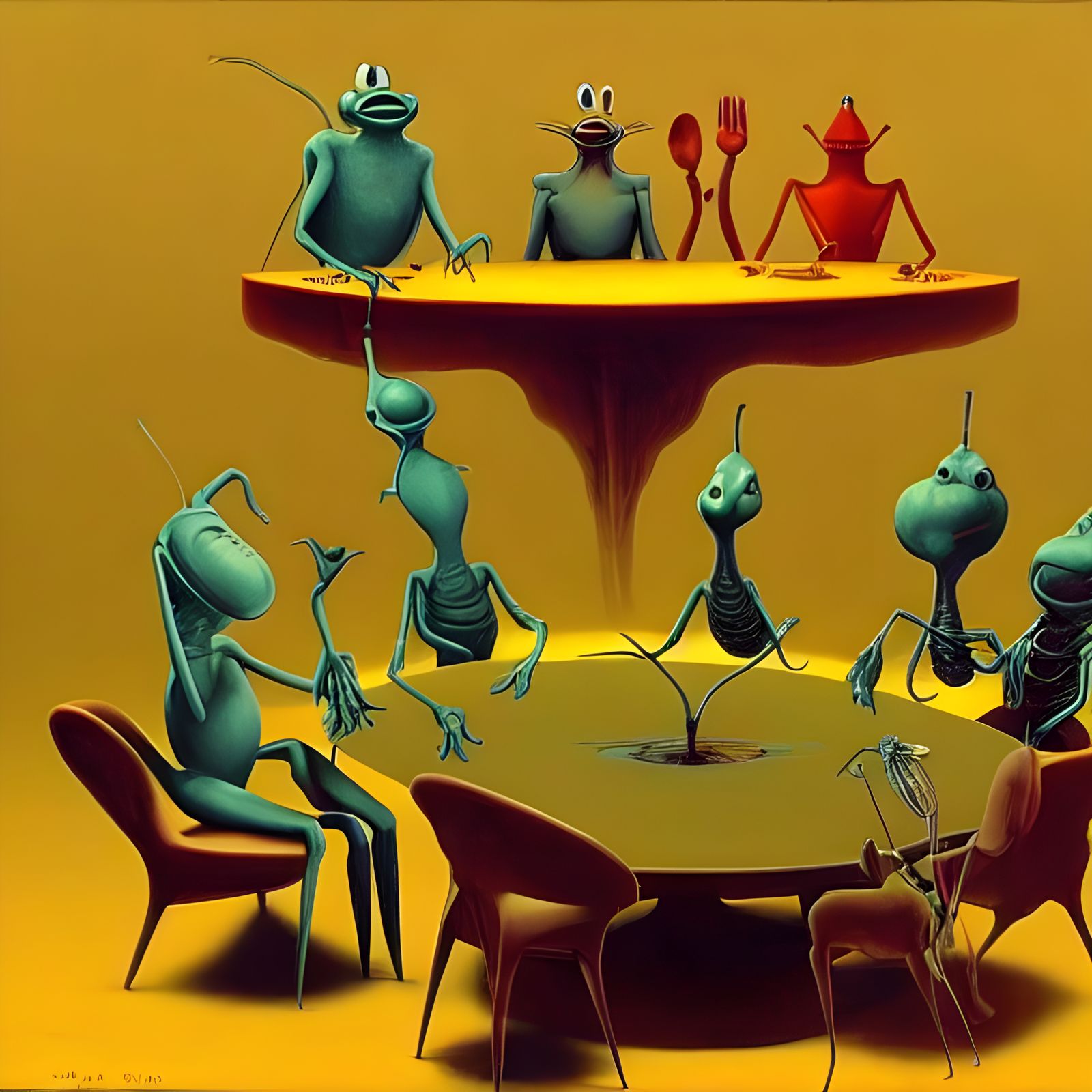 Surreal Creatures at Table in Cartoon Style