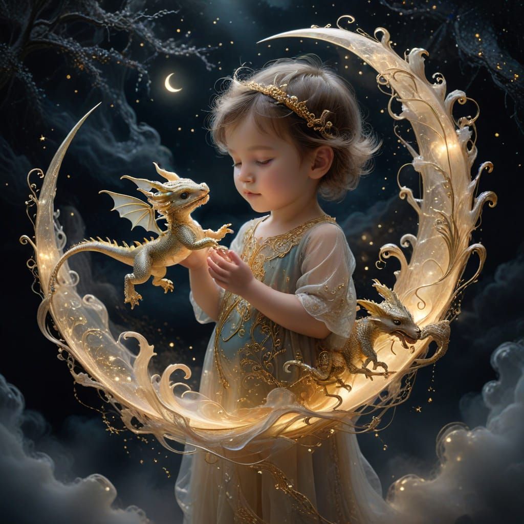 Ethereal Baby Dragon Held by Toddler Under Moonlit Sky