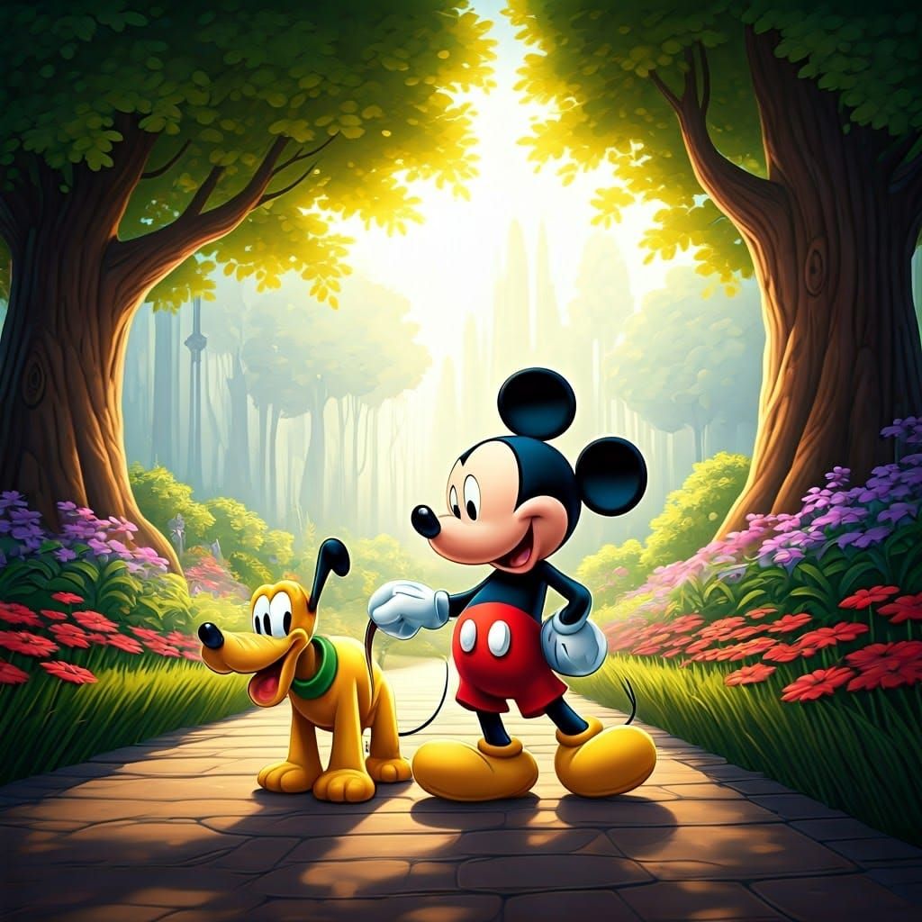 Mickey Mouse Walking Pluto in a Vibrant Park Ink Drawing
