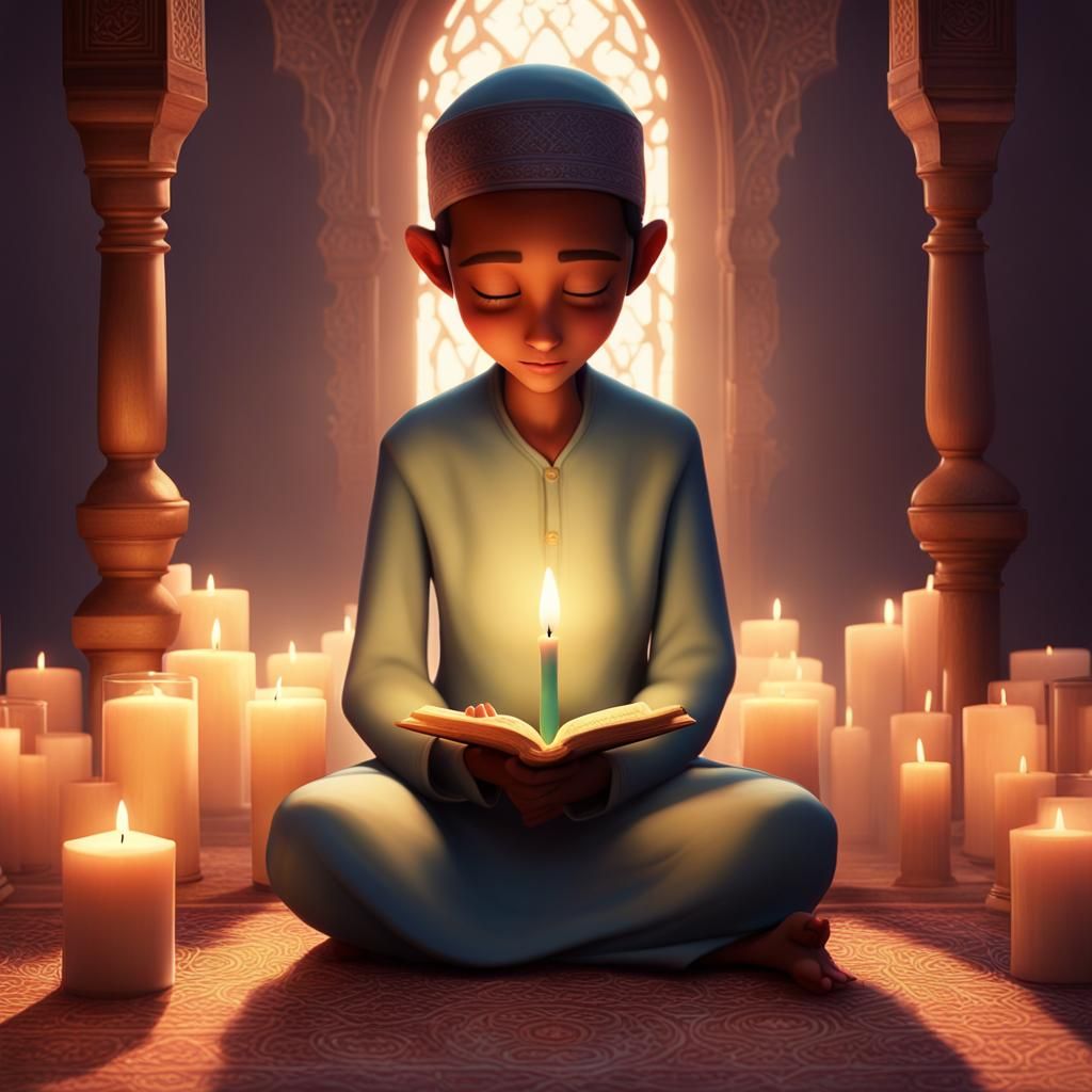 "Renewing Faith: Embracing the Spiritual Journey of Ramadan" - A poignant scene of an individual deep in prayer, surroun...
