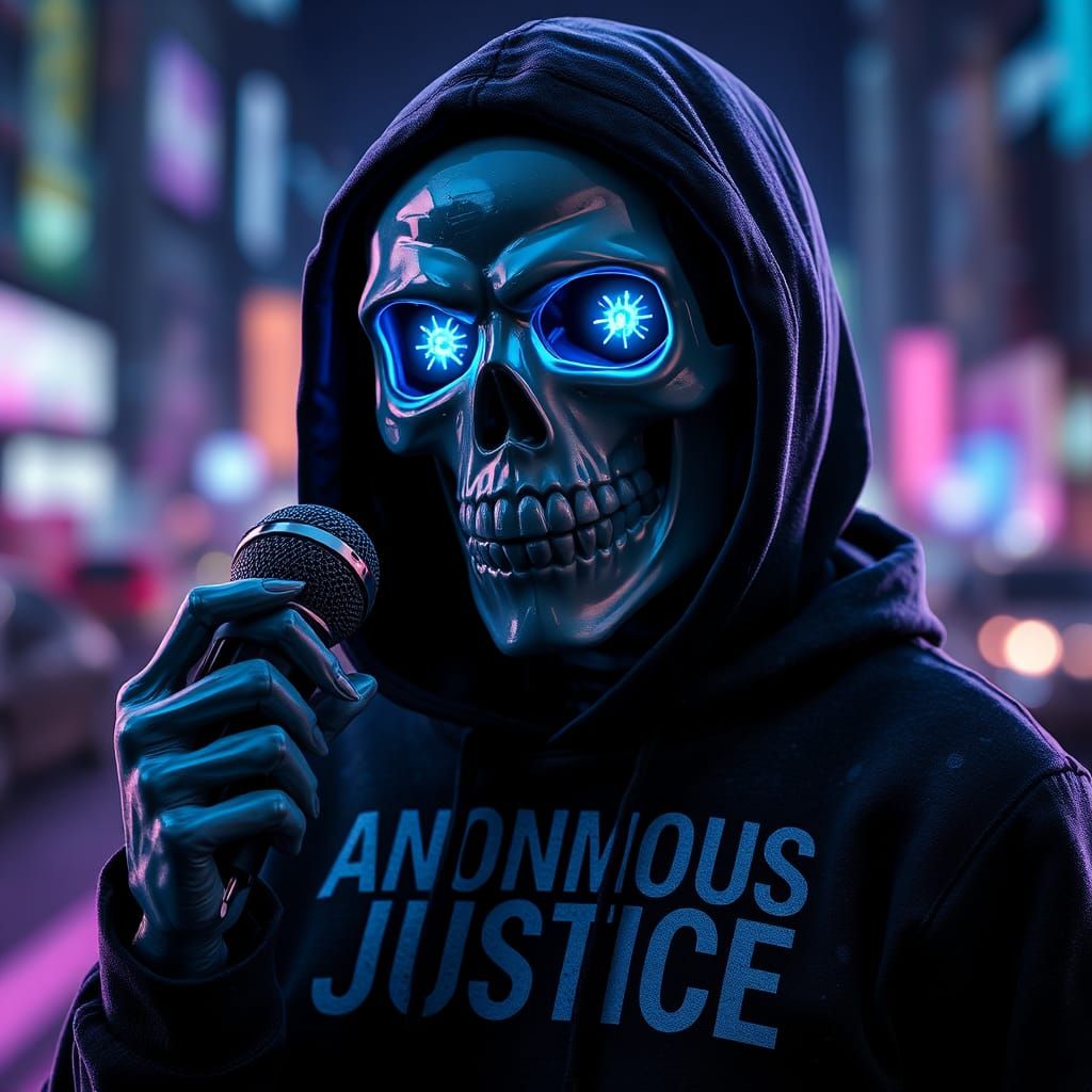 Anonymous Skull with Hoodie in Cyberpunk Cityscape