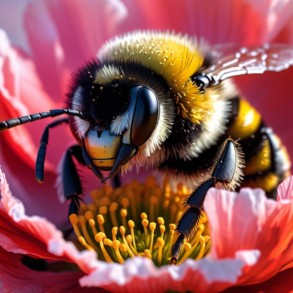 Iridescent Blue Bumblebee Sleeping in Poppy Flower