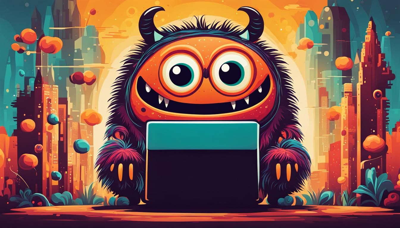 Adorable Monster Cartoon Typing on Laptop