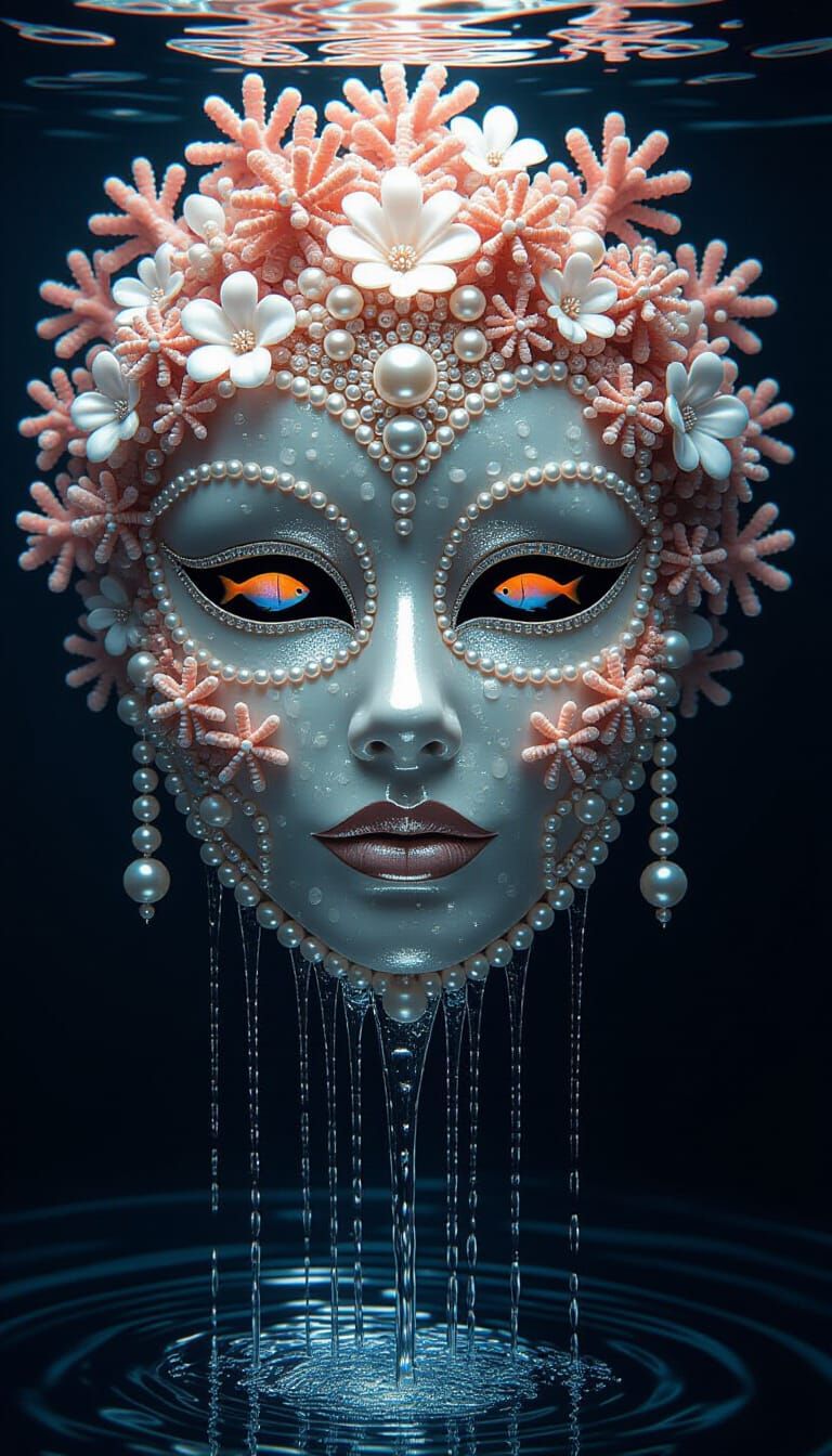 Surreal Pearl and Coral Mask with Ethereal Tidal Pools