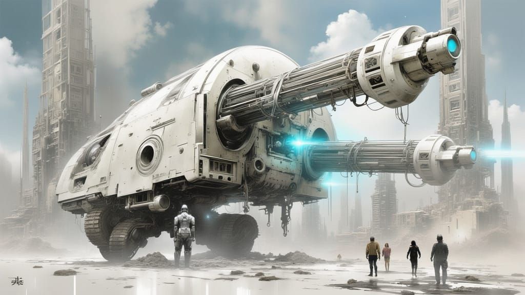 Alien War Machine in Ruined Cityscape