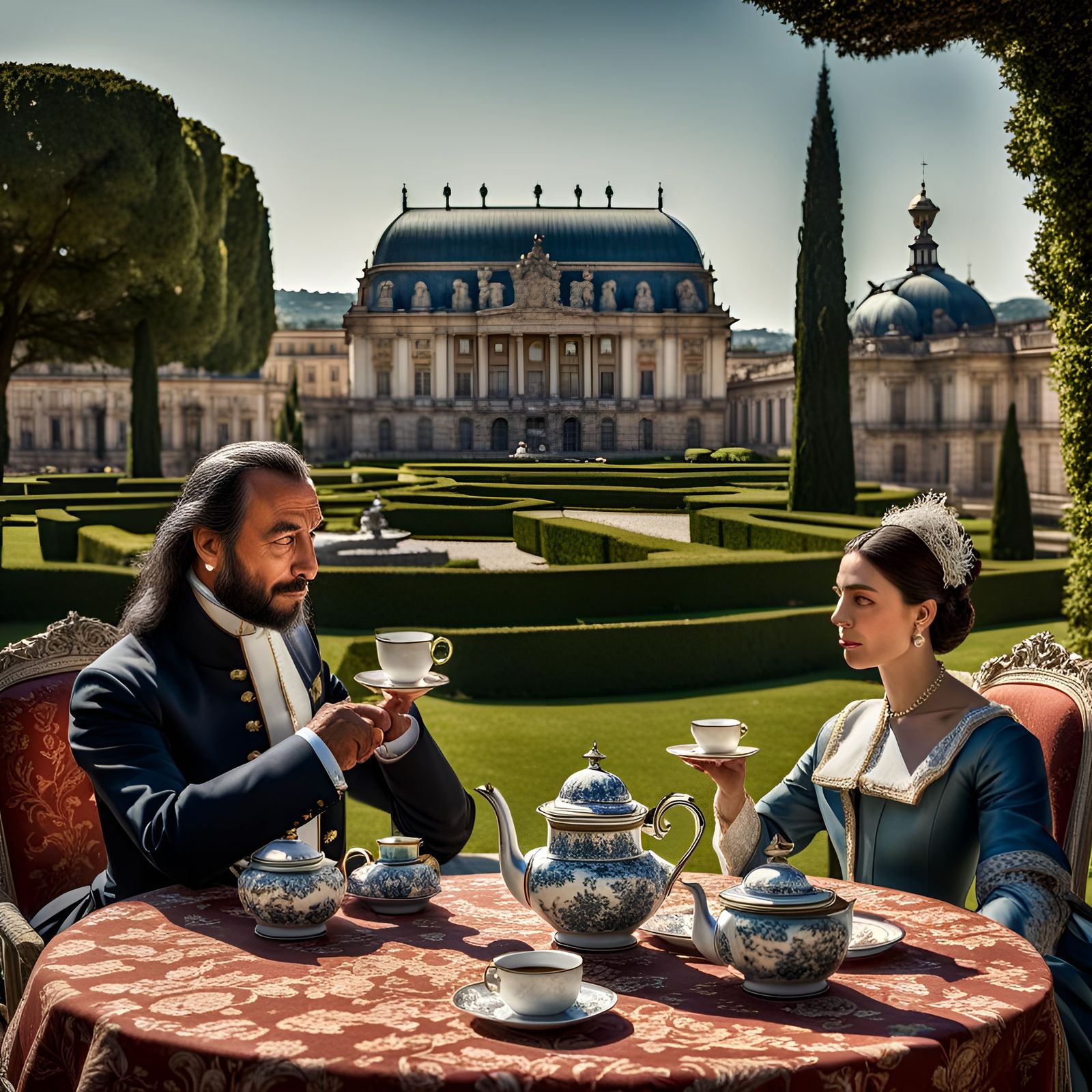 Maria Mancini and Louis XIV, tea in the garden.