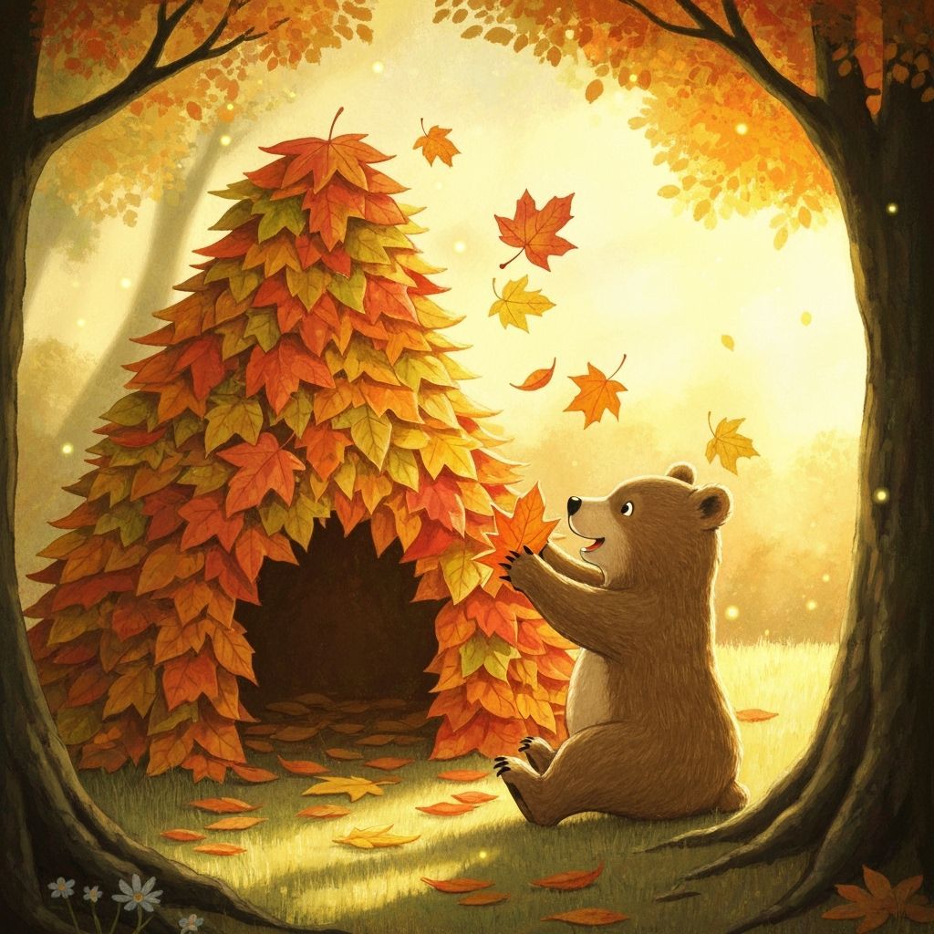 Bear Builds Cozy Leaf House in Golden Autumn Light