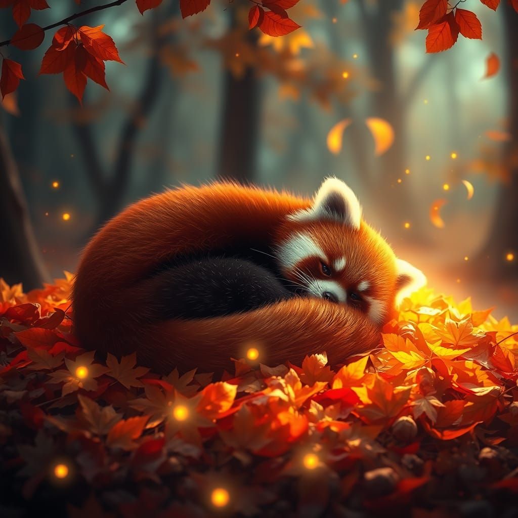 Whimsical Red Panda in Magical Autumn Leaves