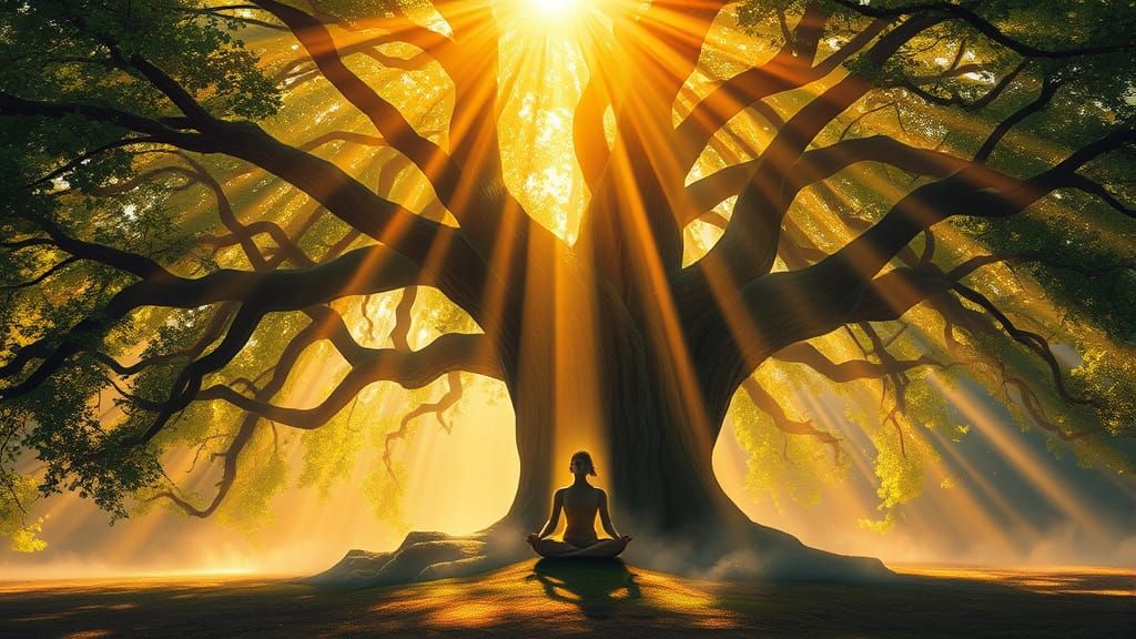 Meditating Figure in Golden Light Under Ancient Banyan Tree