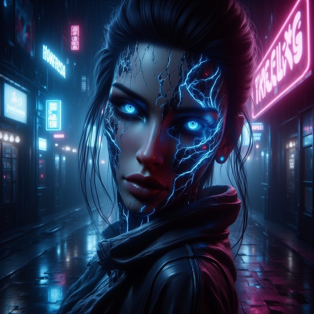 Futuristic Cyberpunk Portrait of a Brunette Woman