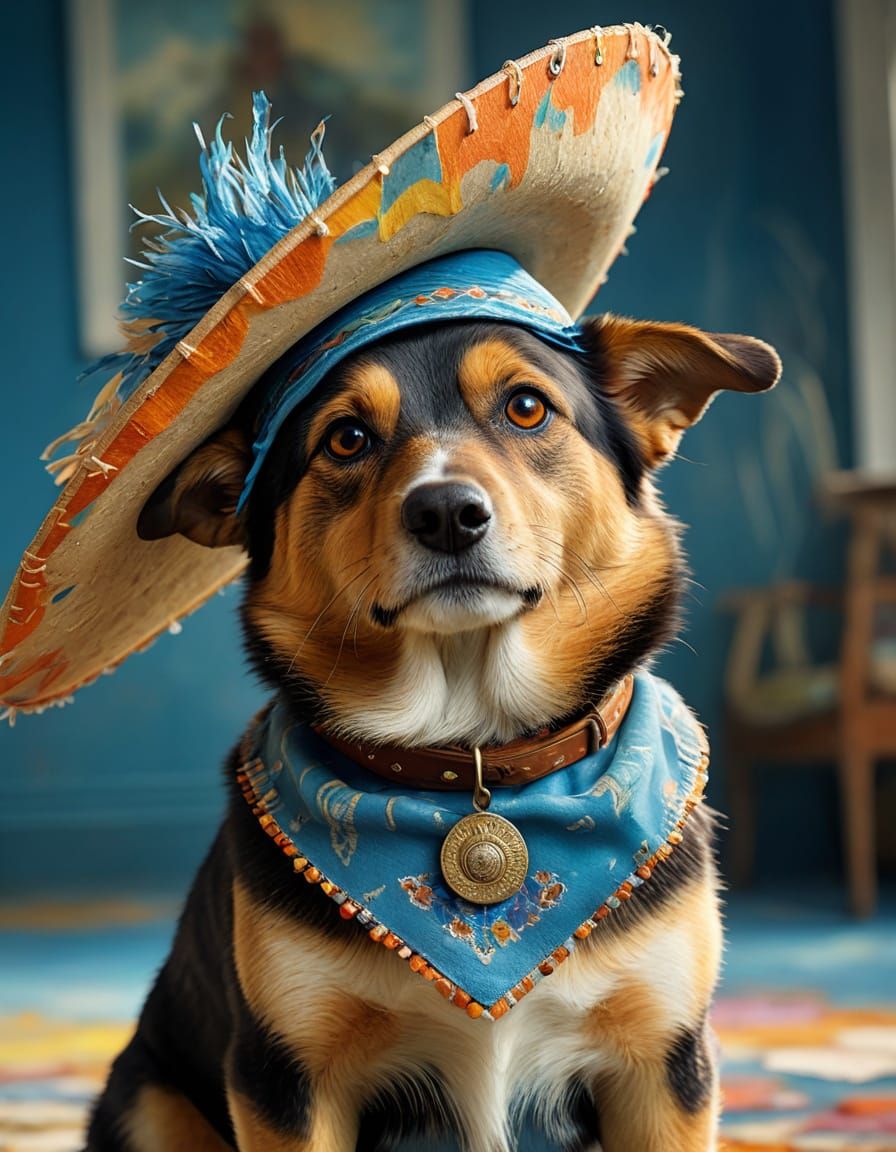 Dog in Sombrero: Vibrant Digital Art in Oil Painting Style