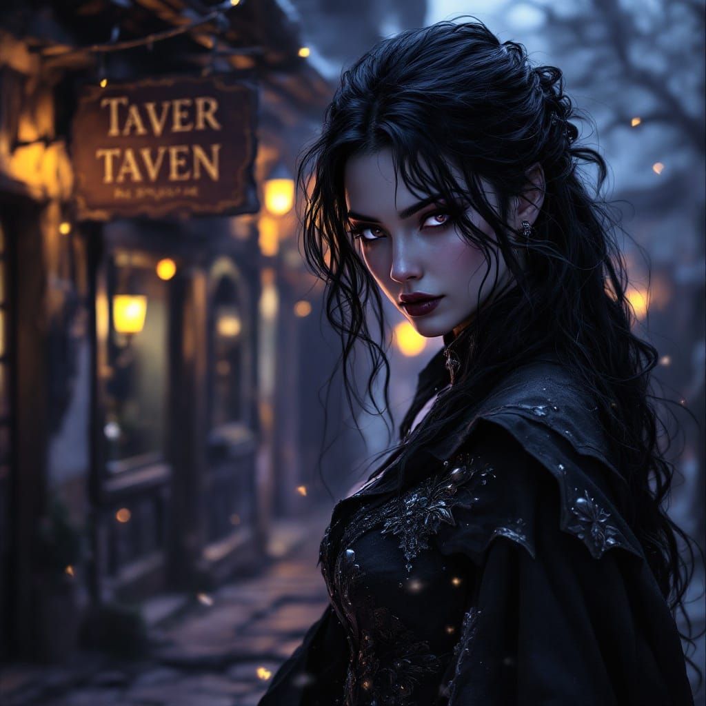 Ethereal Twilight Cleric Outside Medieval Tavern