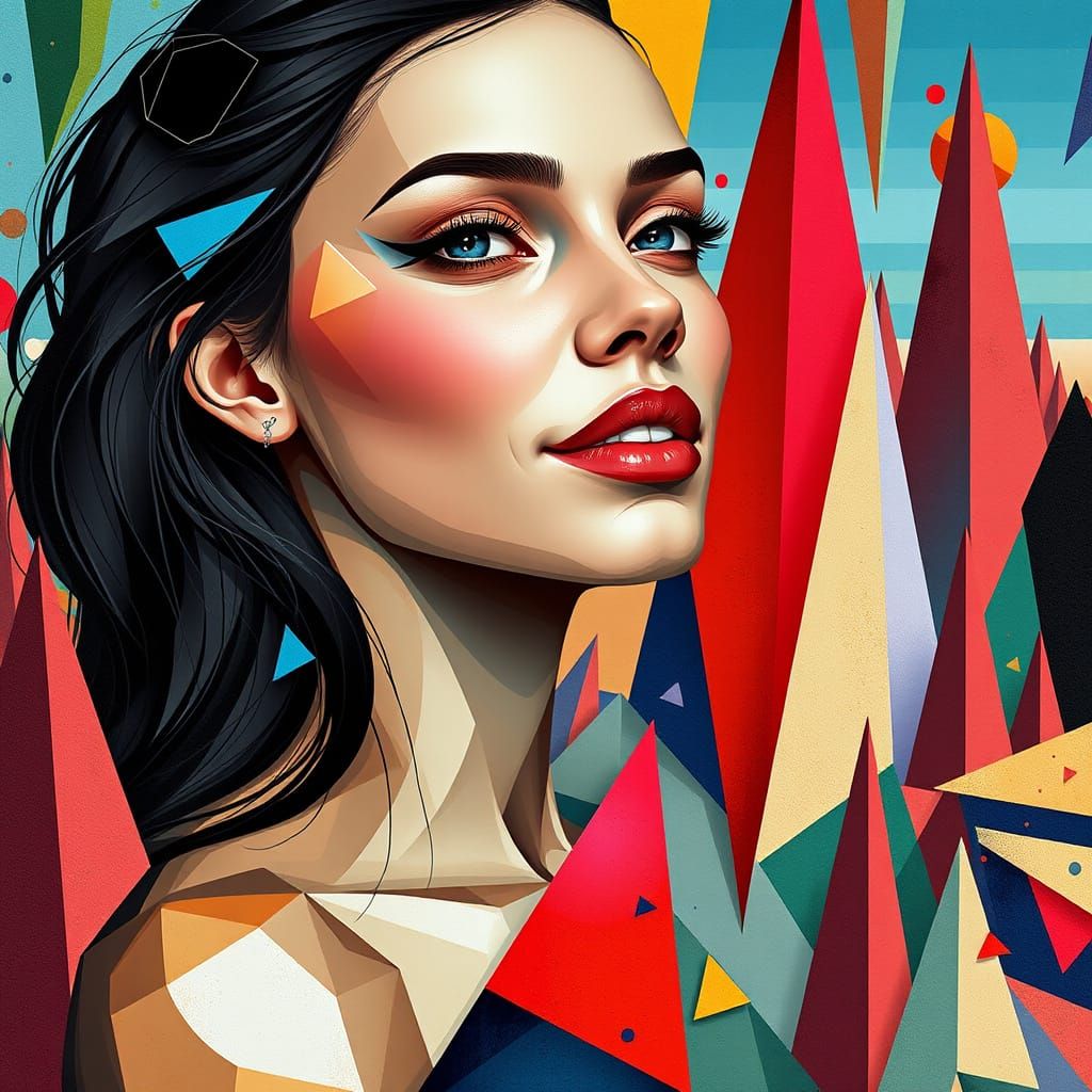 A Young Woman in a Vibrant Cubist Landscape
