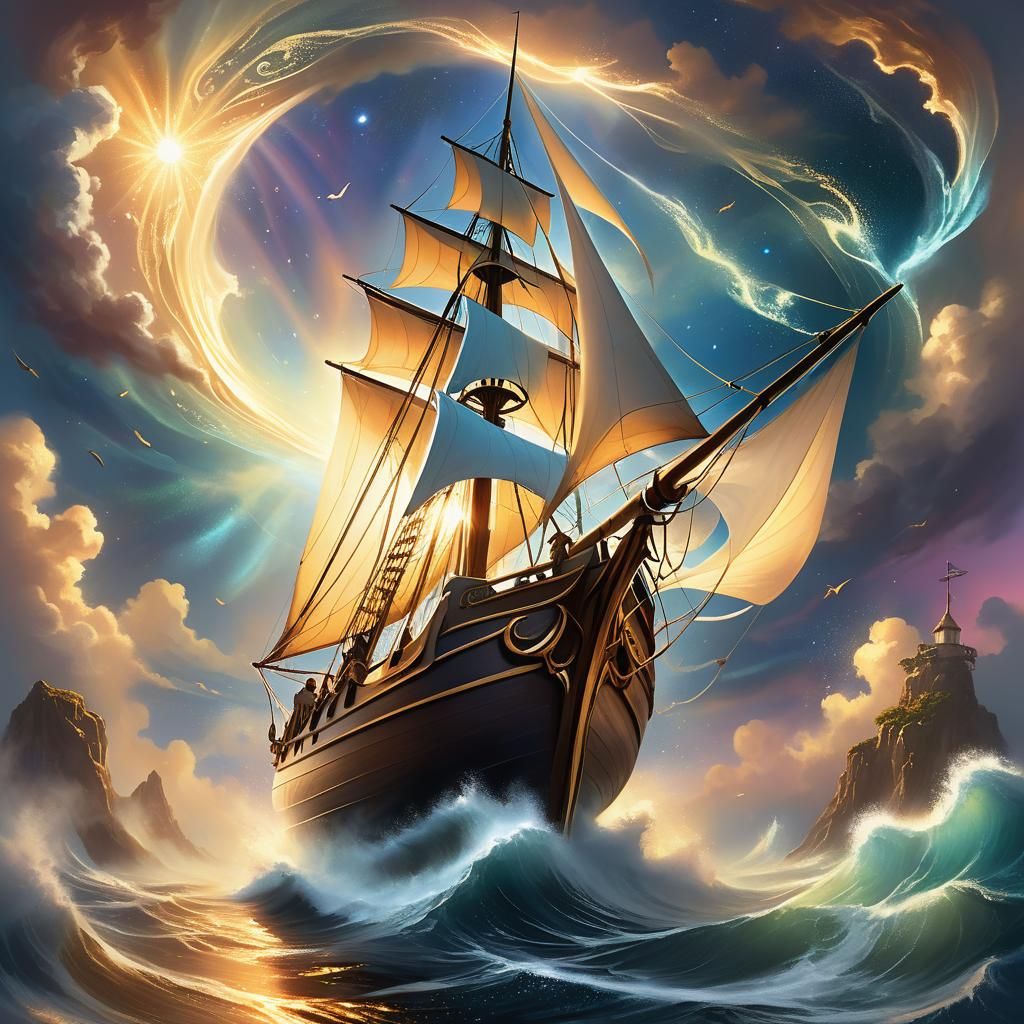 Mystical Sailor Embraces Celestial Winds in Dreamlike Fantas...