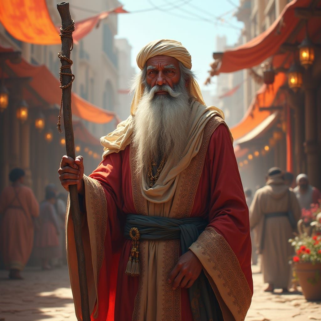Stoic Arabian Nomad in Vibrant Ancient Market Scene