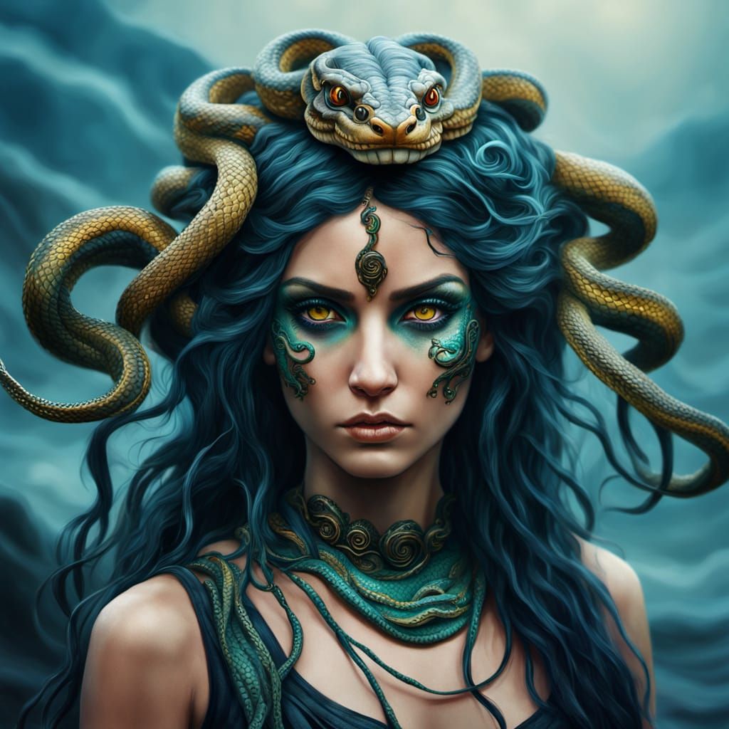 Medusa with Snakes: Mythological Fantasy Art in Oil Painting...