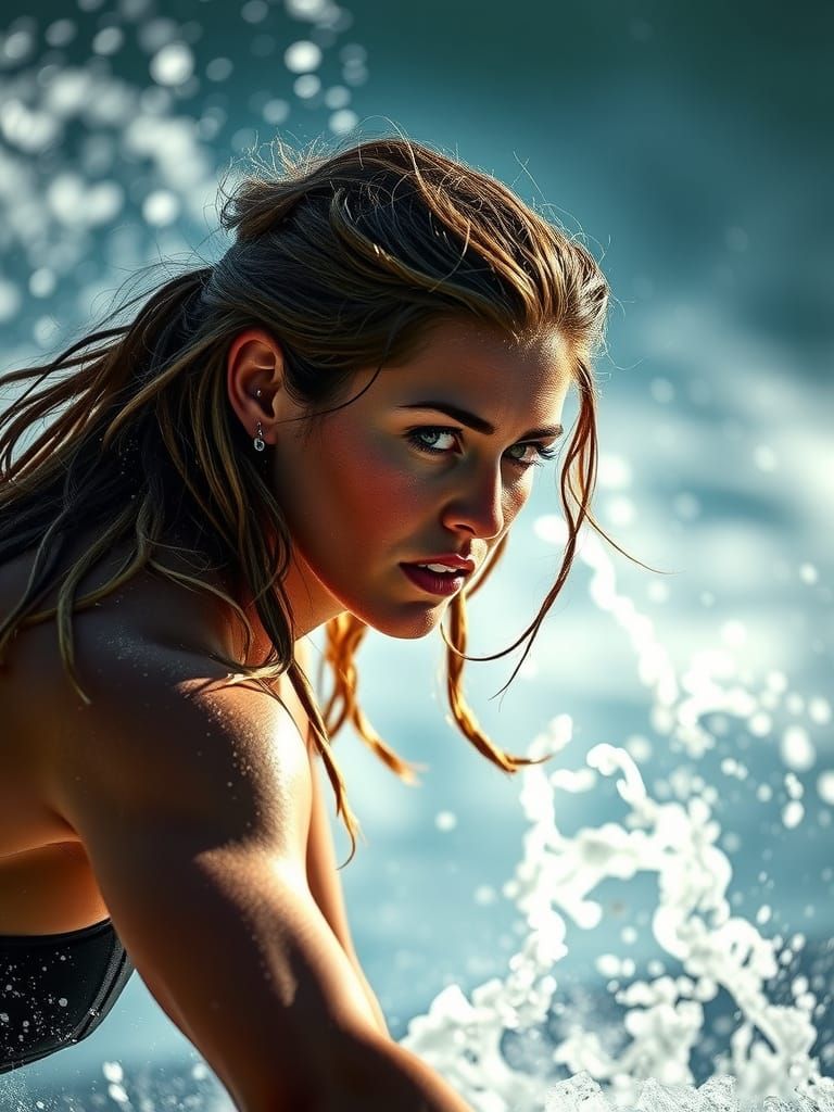 Glamorous Woman Surfer in Competition Style