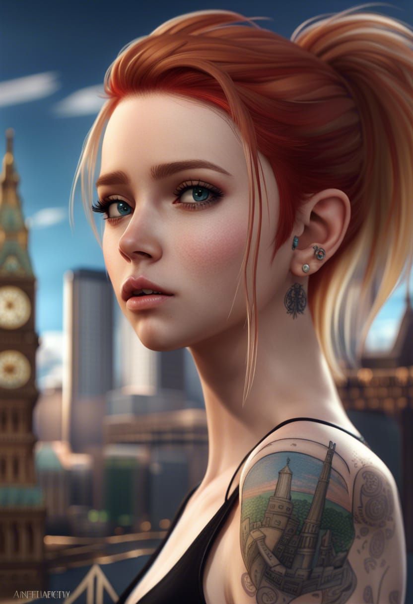 Blonde Model in Cityscape, Photorealistic Portrait