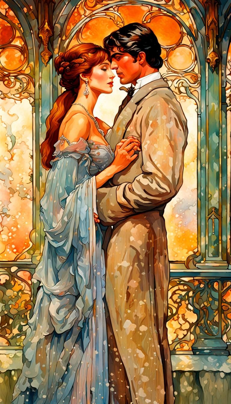 Romantic Embrace in Art Nouveau Gouache Style