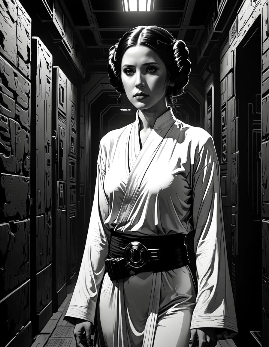 Princess Leia in Manhwa Style Black and White