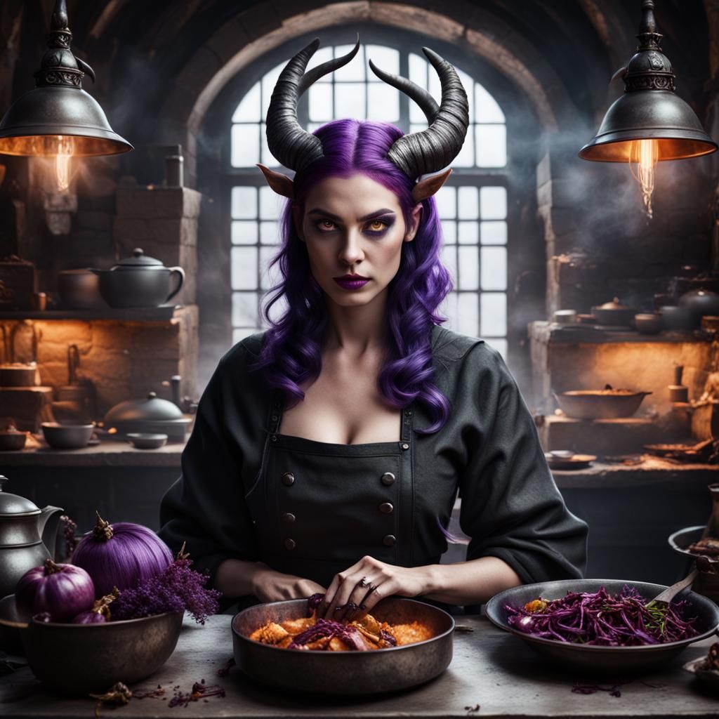 Demon Chef Portrait in Medieval Kitchen