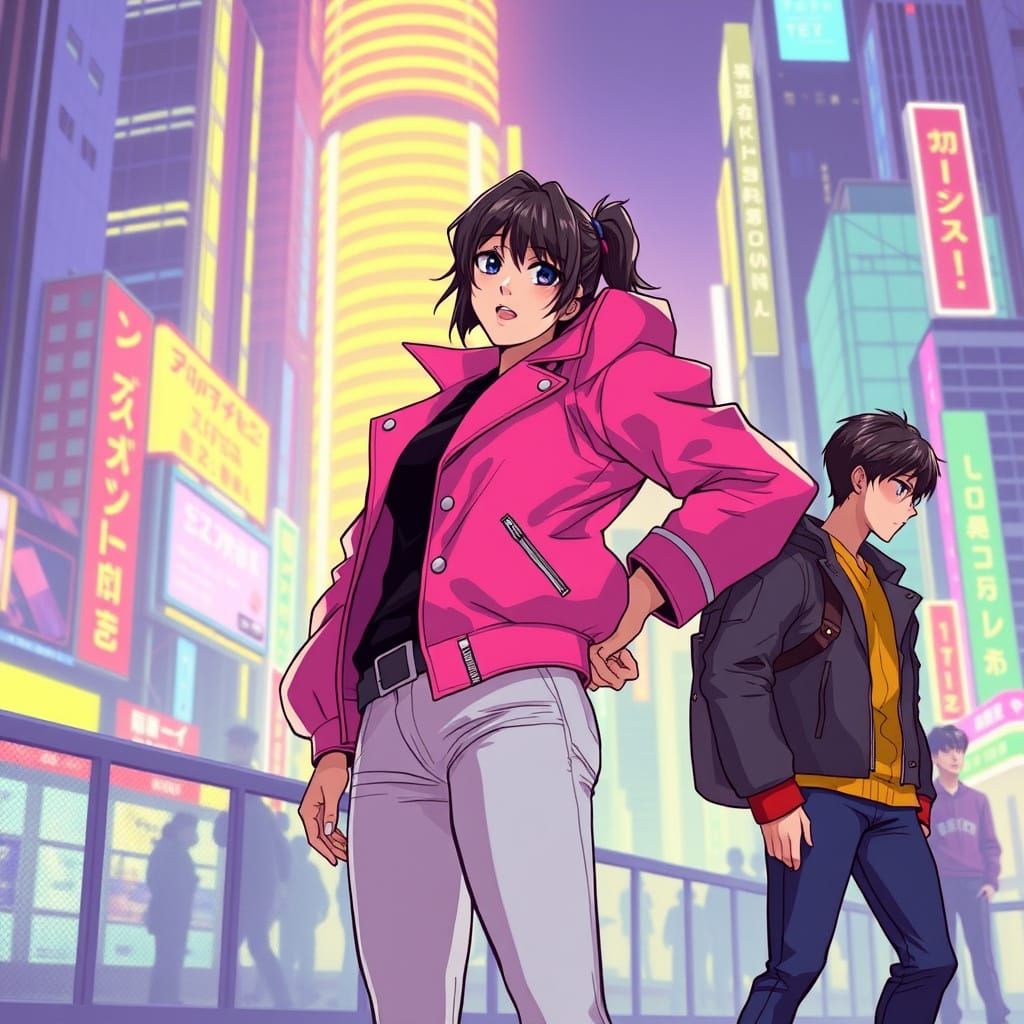 Mimi Tachikawa in Neon Cityscape, Cyberpunk Anime Style