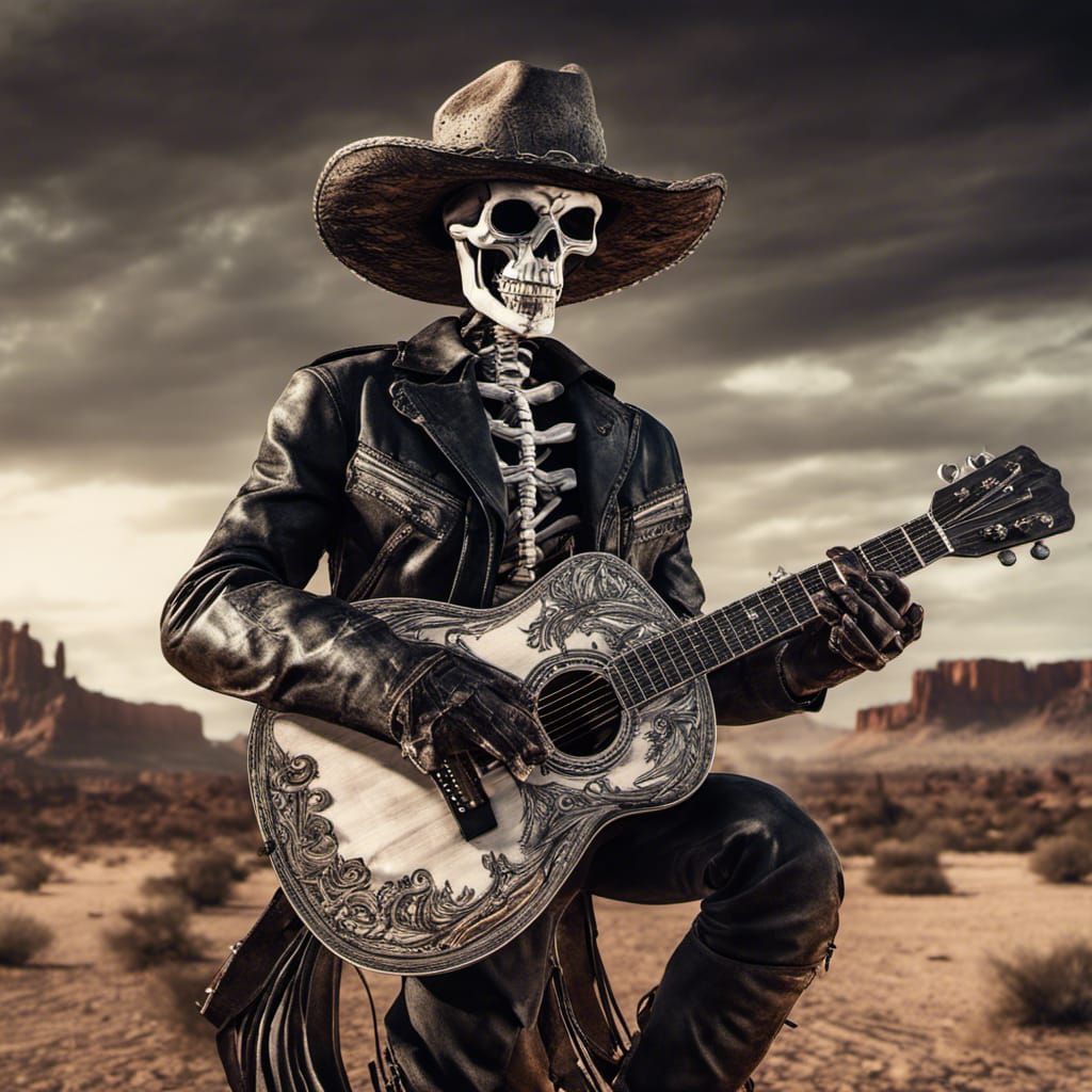 Skeleton Cowboy Plays Guitar in Desert Landscape