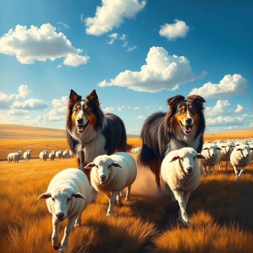 Two Collies Herding Sheep in Sunlit Field Oil Painting